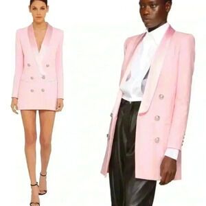 Balmain Jacket Dress Double Breasted Oversized Long Blazer Pink Crepe Mini Dress